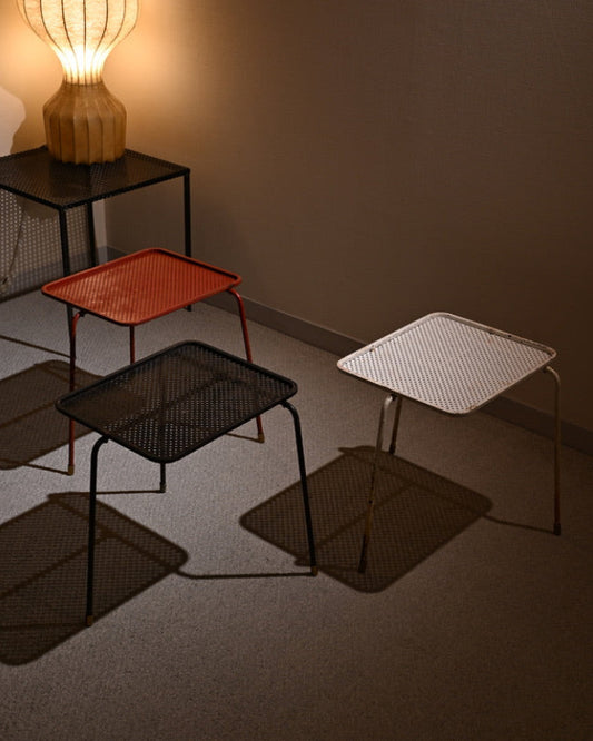 Mathieu Matégot Soumba tables, three-color set, France 1953
