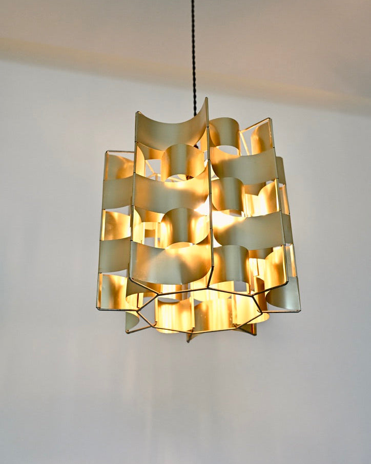 Max Sauze Rare Gold Aluminum Pendant Lamp, France, 1970s
