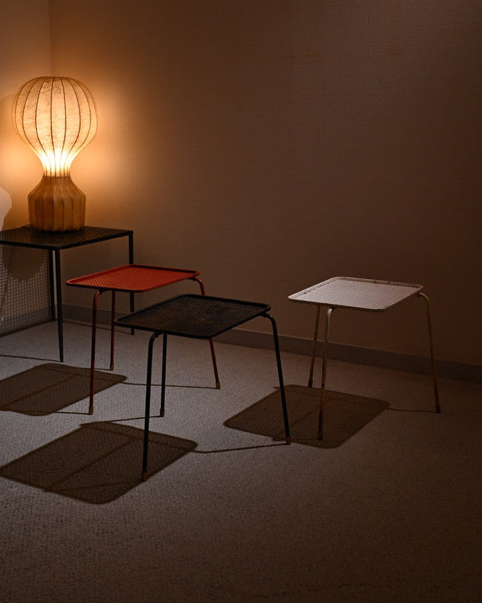 Mathieu Matégot Soumba tables, three-color set, France 1953