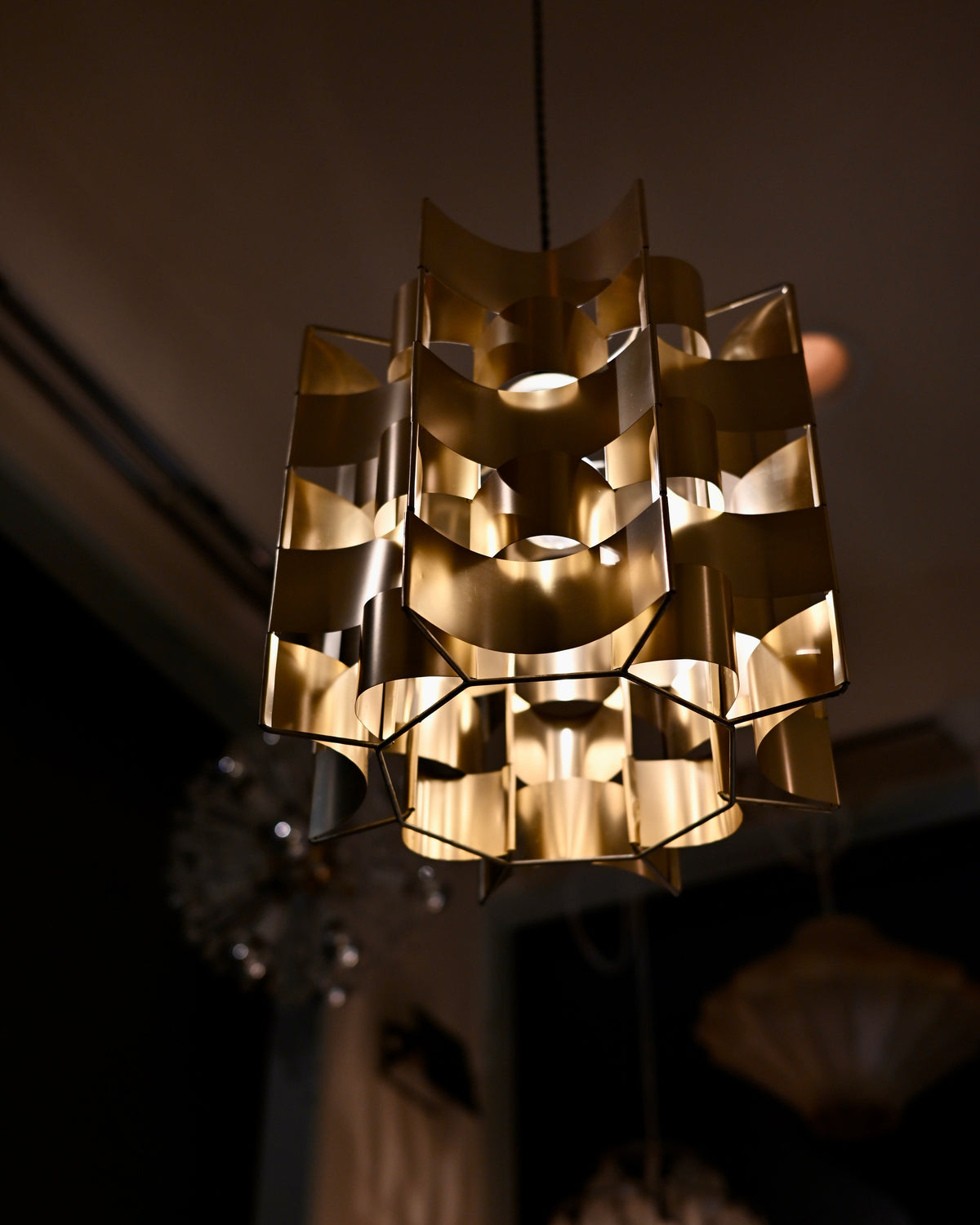 Max Sauze Rare Gold Aluminum Pendant Lamp, France, 1970s