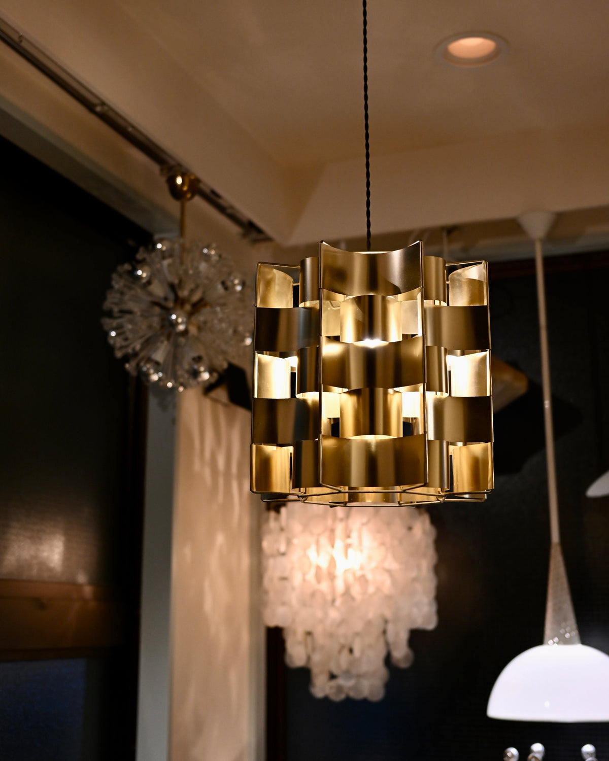 Max Sauze Rare Gold Aluminum Pendant Lamp, France, 1970s