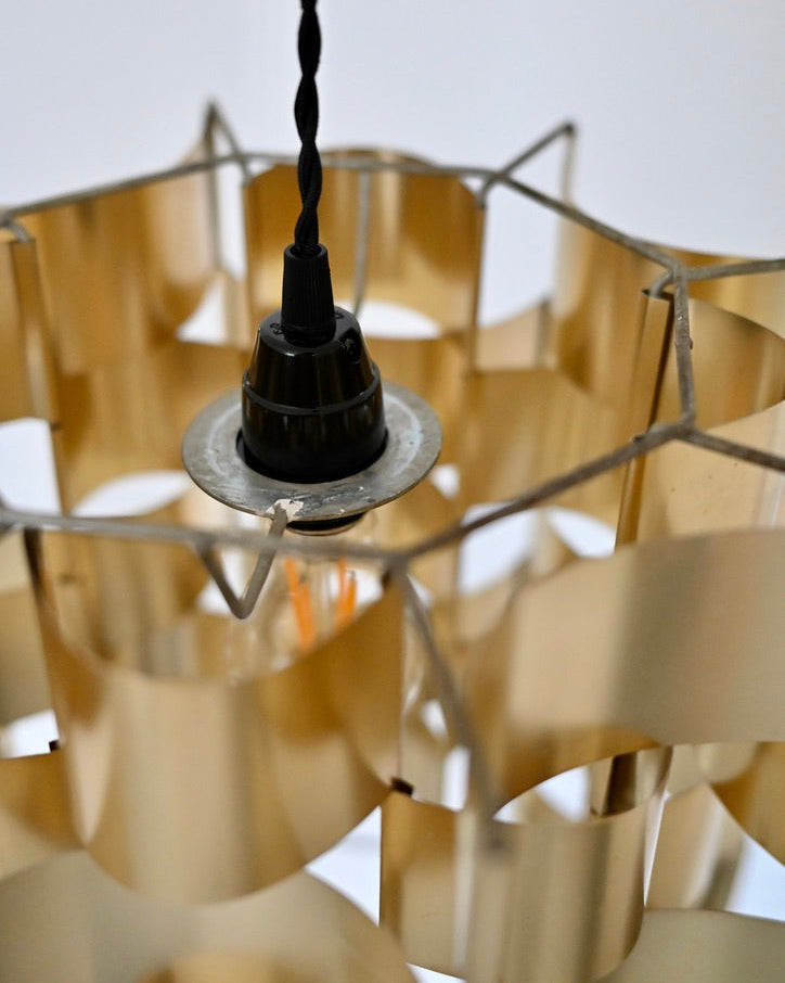 Max Sauze Rare Gold Aluminum Pendant Lamp, France, 1970s