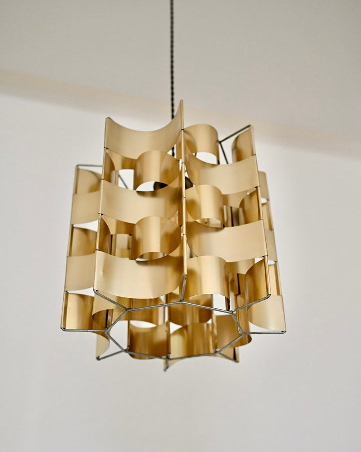Max Sauze Rare Gold Aluminum Pendant Lamp, France, 1970s