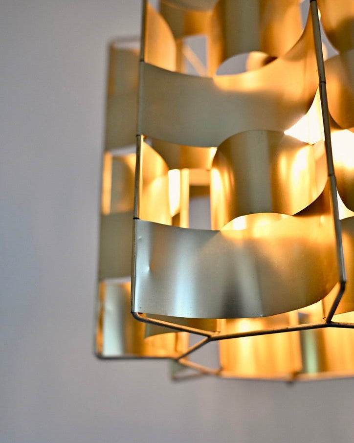 Max Sauze Rare Gold Aluminum Pendant Lamp, France, 1970s